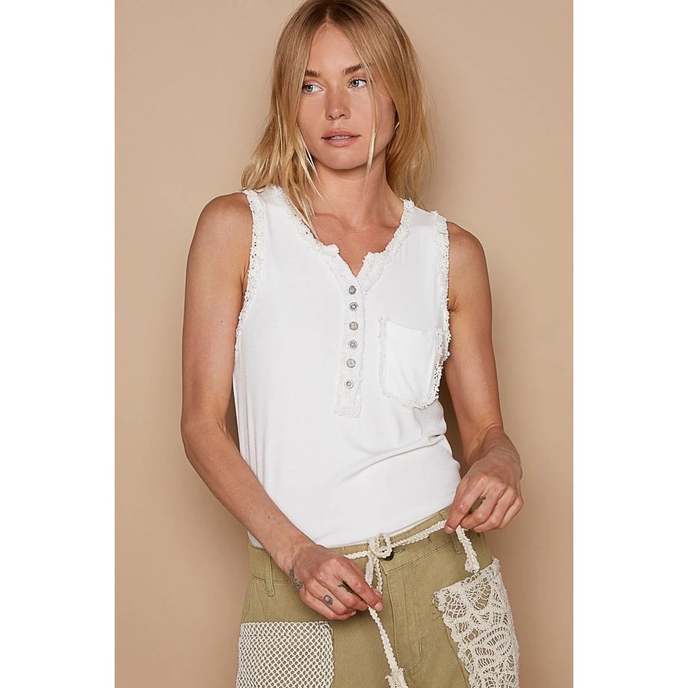 POL Clothing Ivory Ribbed Lace Trim Henley Tank Top FKT289 Size L